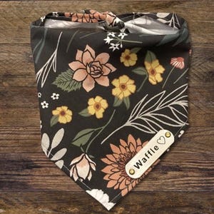 Personalized Dog Bandana, Floral Field Theme, White Leather Personalized Name Tag Image, Tie On Dog Bandana, Dog Clothing, Pet Lover
