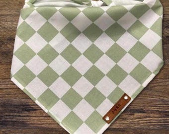 Personalized Dog Bandana, Sage White Checkers, Traditional Tie, Personalized Leather Name Tag Bandana, Scarf, Pet Accessories, Puppy Bandana
