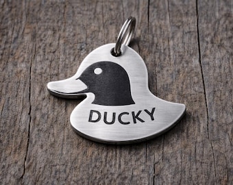 Personalized Duck Head Pet ID Tag – Silver Brushed Metal Dog Tag, Custom Engraved Name, Bold Ducky Design, Rustic Collar Gift