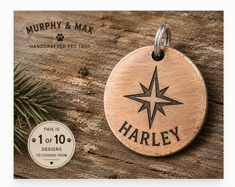 Personalized Dog Tag, Compass Pet ID Tag, Handmade Metal Dog Tag, Adventure Dog Gift, Lake Coastal Pet Tag, Custom Engraved, 10 Designs