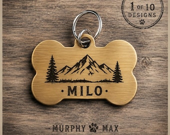 Dog Bone Personalized Dog Tag, Custom Brass Pet ID Tag, Engraved Dog Name Tag, Mountain Wilderness Dog Tag, Dog Lovers - 10 Designs Options