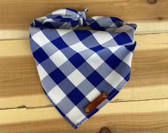 Dog Bandana, Blue White Plaid Dog Bandana, Traditional Tie, Personalized Leather Name Tag Bandanna, Scarf, Pet Accessories, Dog Bandana