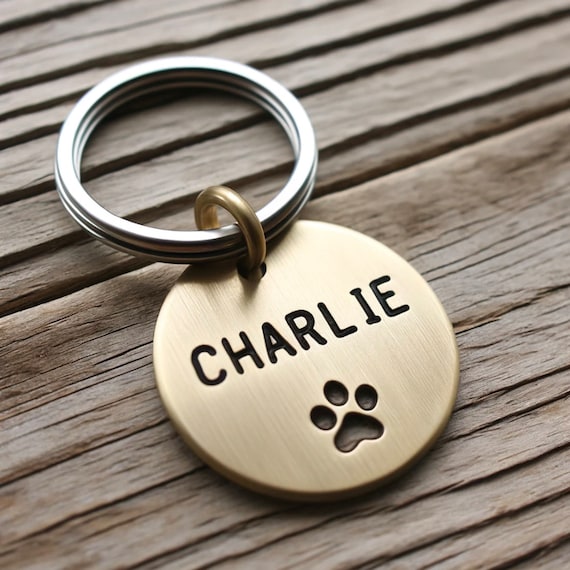 Personalized Brass Disc Pet ID Tag with Paw Print, Custom Engraved, Dogs Cats Durable Unique Design, Pet Accessories Pet Lover Gifts Him Her