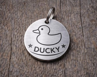 Badge Style Duck Pet ID Tag – Personalized Silver Brushed Metal Dog Tag, Custom Engraved Name, Rustic Duck Badge Collar Tag
