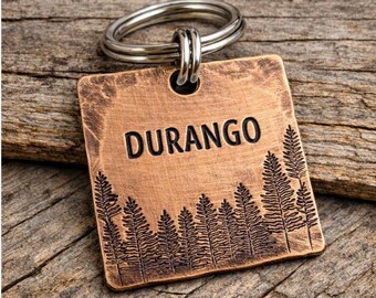 Personalized Copper Dog ID Tag – Forest Pet Tag with Custom Name, Rustic Square Dog Collar Tag, Outdoor Adventure Pet ID