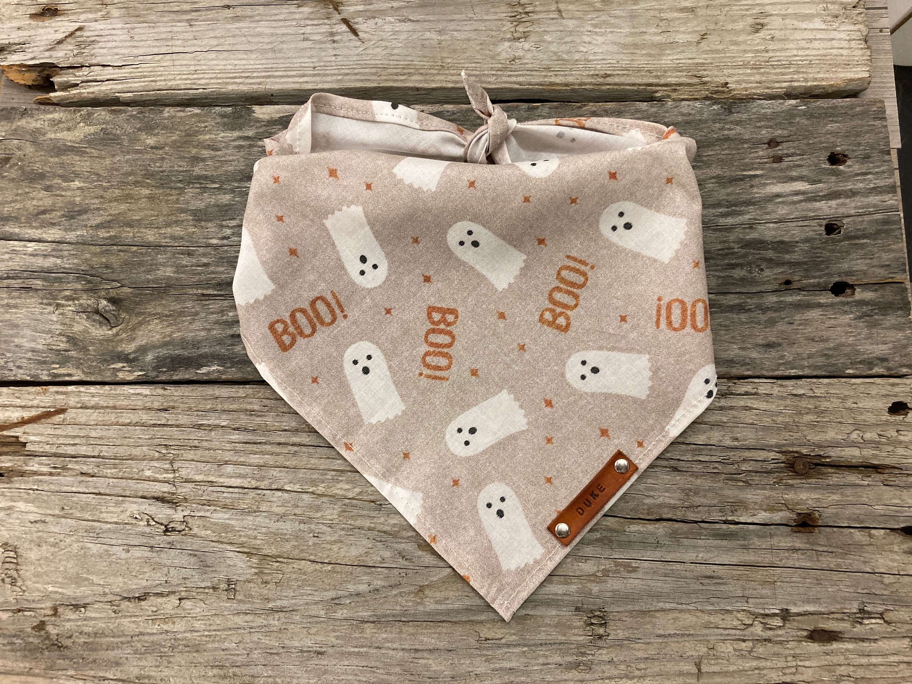 Dog Bandana, Ghost Boo Pewter Halloween, Traditional Tie, Personalized Leather Name Tag Bandanna, Scarf, Pet Accessories, Bandana
