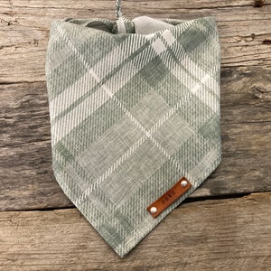 Dog Bandana, Fall Plaid Sage and White, Traditional Tie, Personalized Leather Name Tag Bandanna, Scarf, Pet Accessories, Dog Bandana