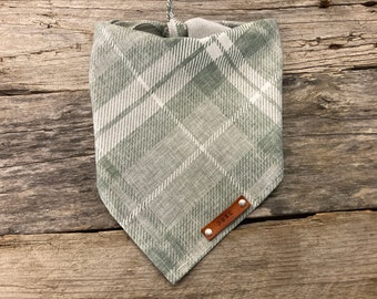 Dog Bandana, Fall Plaid Sage and White, Traditional Tie, Personalized Leather Name Tag Bandanna, Scarf, Pet Accessories, Dog Bandana