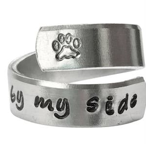 1/4&quot; Wide Adjustable Spiral Ring - Always By My Side - Hand Stamped Aluminum Spiral Pet Memorial Dog Paw Print Wrap Ring Pets Funny
