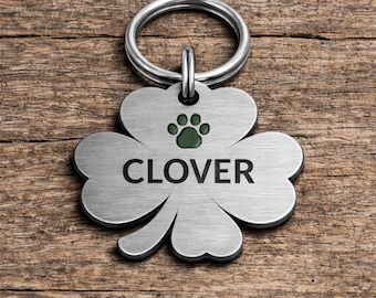 Shamrock Pet ID Tag Personalized | 4 Leaf Clover Dog Tag Silver Brushed Metal | St Patrick’s Day Lucky Pet Name Tag Gift for Dogs ID Charms
