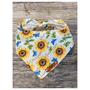 Dog Bandana, Sunflowers Butterflies, Dog Bandana, Traditional Tie, Personalized Leather Name Tag Bandanna, Scarf, Pet Accessory, Dog Bandana