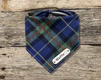 Personalized Scottish Tartan Dog Bandana with White Name Tag Plate