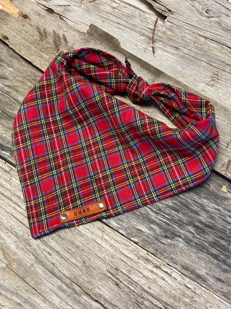 Dog Bandana, Red Green Plaid, Dog Bandana, Traditional Tie, Personalized Leather Name Tag Bandanna, Scarf, Pet Accessories, Dog Bandana image 2