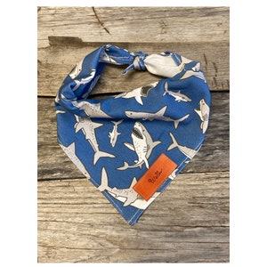 Dog Bandana, Blue Ocean Sharks, Dog Bandana, Traditional Tie, Personalized Leather Name Tag Bandanna, Scarf, Pet Accessories, Dog Bandana