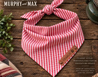 Personalized Seersucker Dog Bandana, Custom Leather Name Tag, Striped Dog Bandana, Personalized Pet Scarf, Puppy Gift - Choose Color, Size