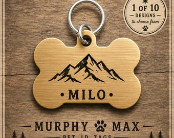 Dog Bone Personalized Dog Tag, Custom Brass Pet ID Tag, Engraved Dog Name Tag, Parks and Adventure Collection, Dog Love - 10 Designs Options