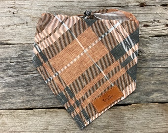 Dog Bandana, Neutral Winter Plaid in Copper Green Bandana Personalized Leather Tag Tie On Dog Bandana Boho Dog Bandana Unisex Dog Bandana