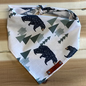 Dog Bandanas, Forest Bears, Dog Bandana, Traditional Tie, Personalized Leather Name Tag Bandana, Over The Collar Dog Bandana