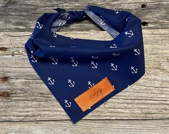 Dog Bandana, Nautical Anchors Boating Bandana, Traditional Tie, Personalized Leather Name Tag Bandanna, Scarf, Pet Accessories, Dog Bandana