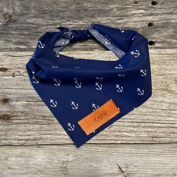 Dog Bandana, Nautical Anchors Boating Bandana, Traditional Tie, Personalized Leather Name Tag Bandanna, Scarf, Pet Accessories, Dog Bandana