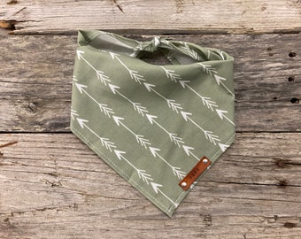 Dog Bandana, Fall Artichoke Green Arrows, Traditional Tie, Personalized Leather Name Tag Bandanna, Scarf, Pet Accessories, Dog Bandana