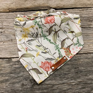 Dog Bandana, Stemmed Flowers, Traditional Tie, Personalized Leather Name Tag Bandanna, Scarf, Pet Accessories, Dog Puppy Bandana
