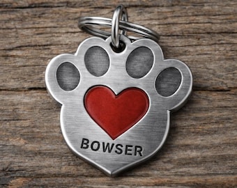 Red Heart Paw Valentine Pet ID Tag – Personalized Dog or Cat Name Tag – Engraved Silver Paw with Red Heart Collar Tag Gift