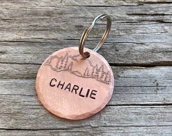 Pet ID Tag, Mountain Forest, Personalized Handmade Pet Dog ID Name Tag  Custom Tag, Three Sizes, Select Custom Metal Options, Funny Pet Tags