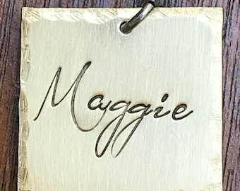 Elegant Pet Name - Medium 1"x1” Custom Pet Id Tag - Personalized Hand-Stamped Dog Name Tag Funny
