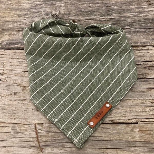 Striped Dog Bandana: Olivine and White with Leather Name Tag