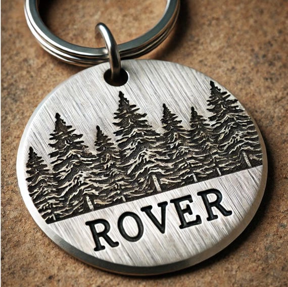 Rustic Brushed-Metal Pet ID Tag Disc – Custom Engraved Forest Design, Deep Engraved Name, Durable & Adventure-Ready Keyring for Pet Lovers
