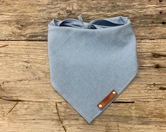 Light Blue Dog Bandana: Woven Chambray with Leather Name Tag