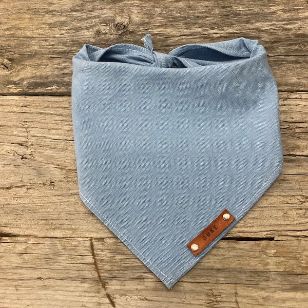 Dog Bandana, Light Blue Woven Chambray, Traditional Tie, Personalized Leather Name Tag Bandanna, Scarf, Pet Accessories, Dog Puppy Bandana