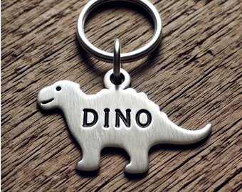 Personalized Pet ID Tag - Dinosaur Shape Dog Tag, Custom Name Hand Stamped, Brushed Finish, Unique Dog and Cat Tag, Durable Pet Accessories
