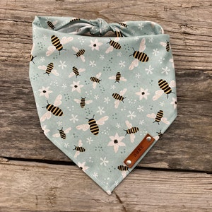 Dog Bandana, Bumble Bees Mint, Traditional Tie, Personalized Leather Name Tag Bandanna, Scarf, Pet Accessories, Dog Puppy Bandana