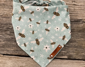 Dog Bandana, Bumble Bees Mint, Traditional Tie, Personalized Leather Name Tag Bandanna, Scarf, Pet Accessories, Dog Puppy Bandana