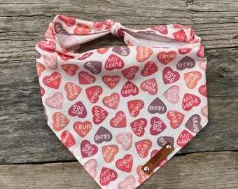 Dog Bandana, Valentine's Day Candy Pup Quotes, Traditional Tie, Personalized Leather Name Tag Bandanna, Scarf, Pet Accessories, Dog Bandana
