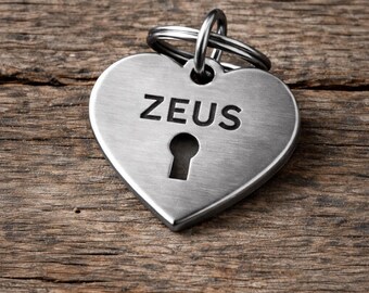 Heart Lock Pet ID Tag – Personalized Valentine’s Day Dog or Cat Name Tag – Engraved Silver Heart Collar Tag with Keyhole Pocket Design