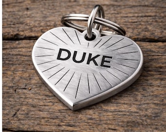Sunburst Heart Pet ID Tag – Personalized Valentine’s Day Dog or Cat Name Tag – Engraved Silver Heart Collar Tag with Radiating Lines