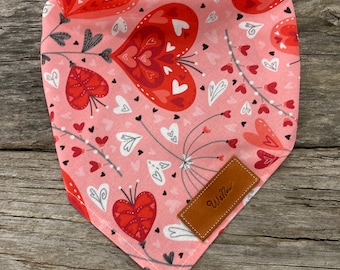 Dog Bandana, Red White Hearts Valentine's Day Bandana Personalized Leather Tag Tie On Dog Dog Bandana Boho Dog Bandana Unisex Dog Bandana