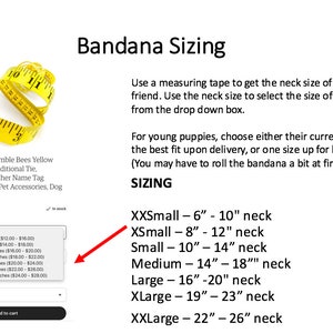 Puede incluir: Una cinta m&eacute;trica amarilla junto a una tabla de tallas de bandana para perros. La tabla enumera las tallas de cuello desde XXSmall (15cm-25cm) hasta XXLarge (56cm-66cm). Tambi&eacute;n se muestra un men&uacute; desplegable para seleccionar una talla.