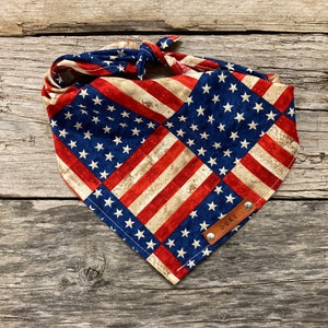 Dog Bandana, USA Rustic Flag July 4th, Traditional Tie, Personalized Leather Name Tag Bandanna, Scarf, Pet Accessories, Dog Puppy Bandana