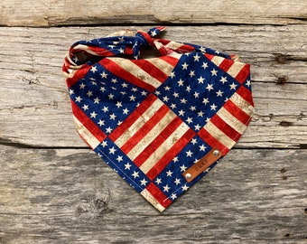 Dog Bandana, USA Rustic Flag July 4th, Traditional Tie, Personalized Leather Name Tag Bandanna, Scarf, Pet Accessories, Dog Puppy Bandana