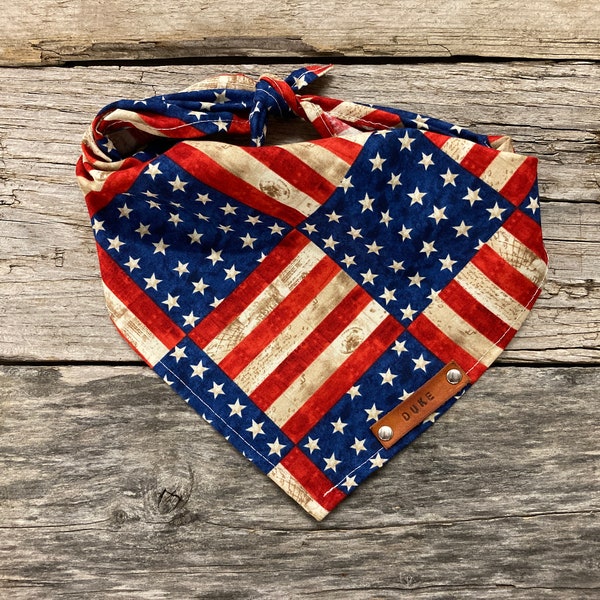 Dog Bandana, USA Rustic Flag July 4th, Traditional Tie, Personalized Leather Name Tag Bandanna, Scarf, Pet Accessories, Dog Puppy Bandana