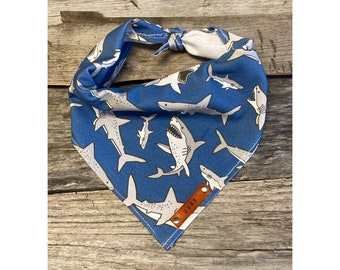 Dog Bandana, Blue Ocean Sharks, Dog Bandana, Traditional Tie, Personalized Leather Name Tag Bandanna, Scarf, Pet Accessories, Dog Bandana
