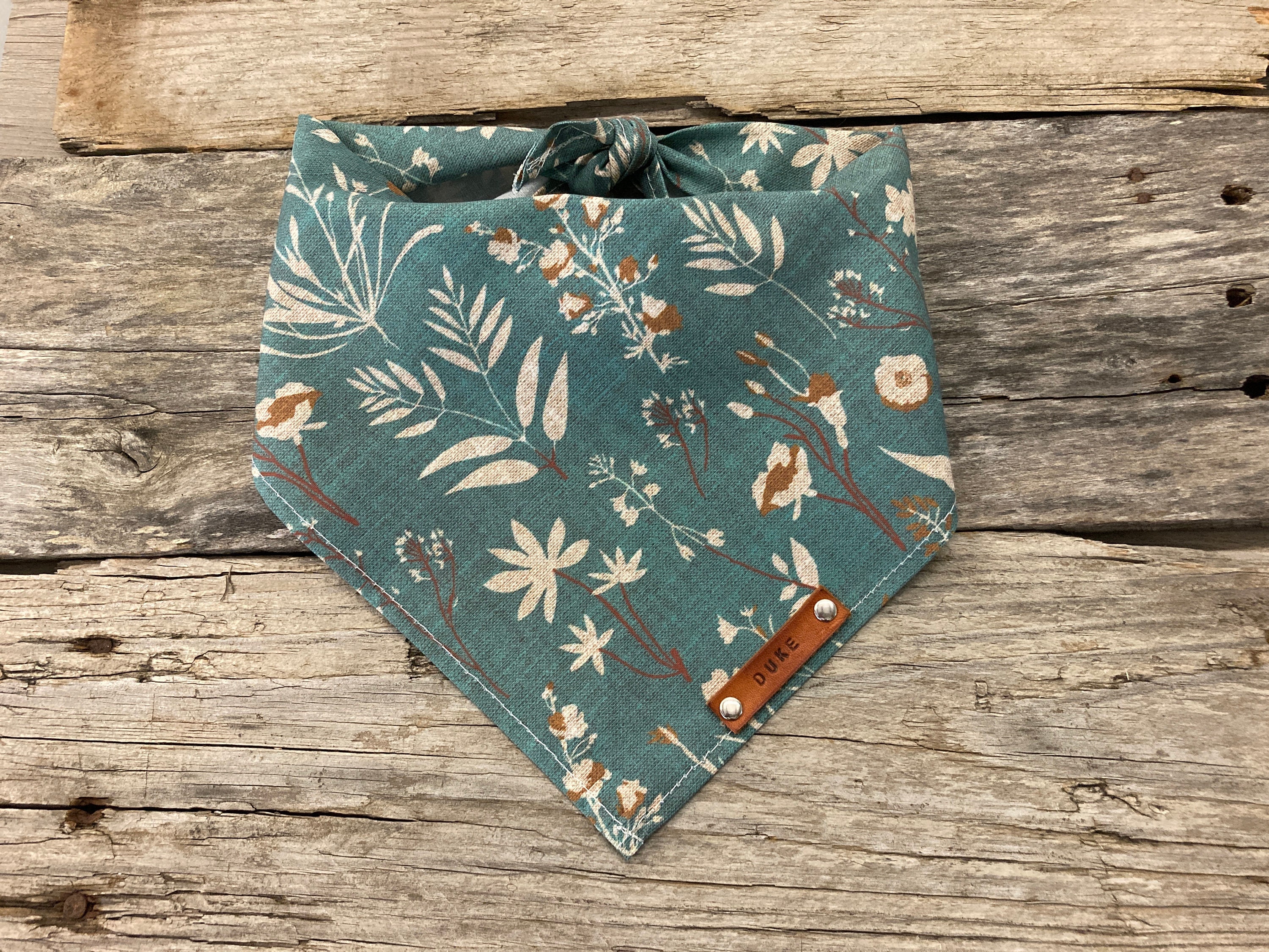 Dog Bandana, Playa Wildflower Green, Traditional Tie, Personalized Leather Name Tag Bandanna, Scarf, Pet Accessories, Dog Bandana