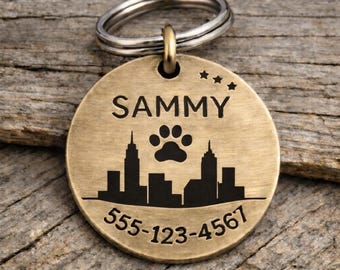 City Pet ID Tag, Dog Tag, Dog ID Tag, Hand Stamped Dog Tag, Dog Tag for Collar, Personalized Tag, Size Choice, Copper Metal Choice, Icons