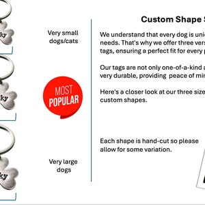 May include: Three silver clover-shaped dog tags with key rings, labeled "Lucky" in different sizes: 1 inch, 1 1/4 inches (standard size), and 1 1/2 inches. The image also includes text describing the sizes and their suitability for different dog sizes.