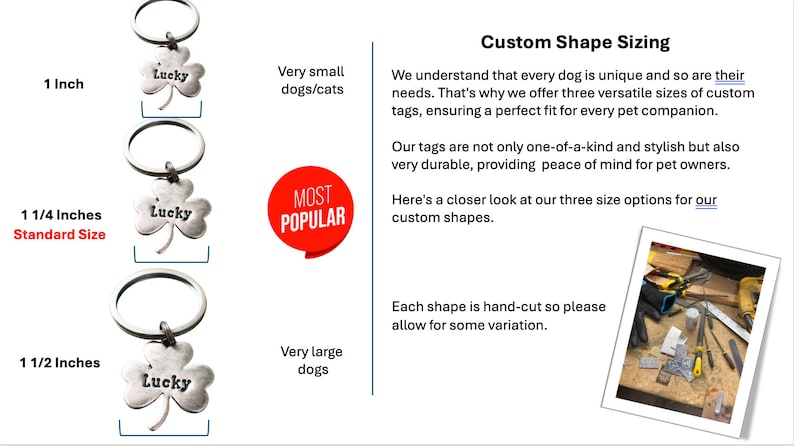 May include: Three silver clover-shaped dog tags with key rings, labeled "Lucky" in different sizes: 1 inch, 1 1/4 inches (standard size), and 1 1/2 inches. The image also includes text describing the sizes and their suitability for different dog sizes.