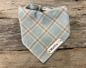 Dog Bandana, Plaid Winter Sage Orange White, White Leather Personalized Name Tag, Tie On Dog Dog Bandana Boho Dog Bandana Unisex Dog Bandana